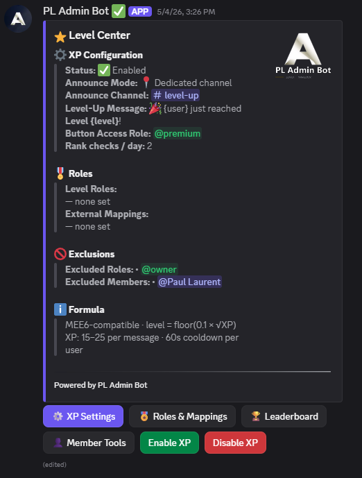 PL Admin Bot — leveling: rank card & leaderboard