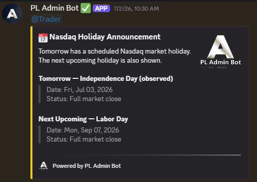 PL Trading Bot — market holiday card